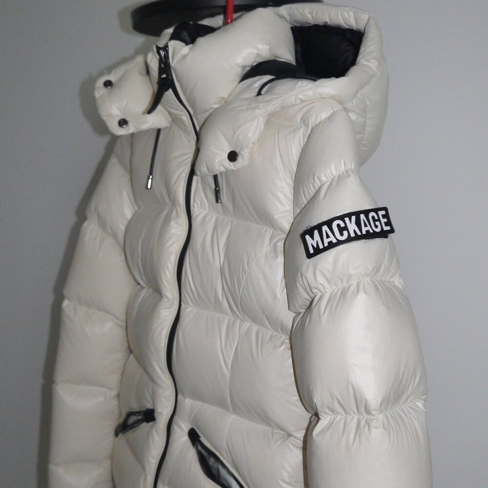 Mackage Ivory Glossy Down Puffer Jacket Arm Logo Short Coat
